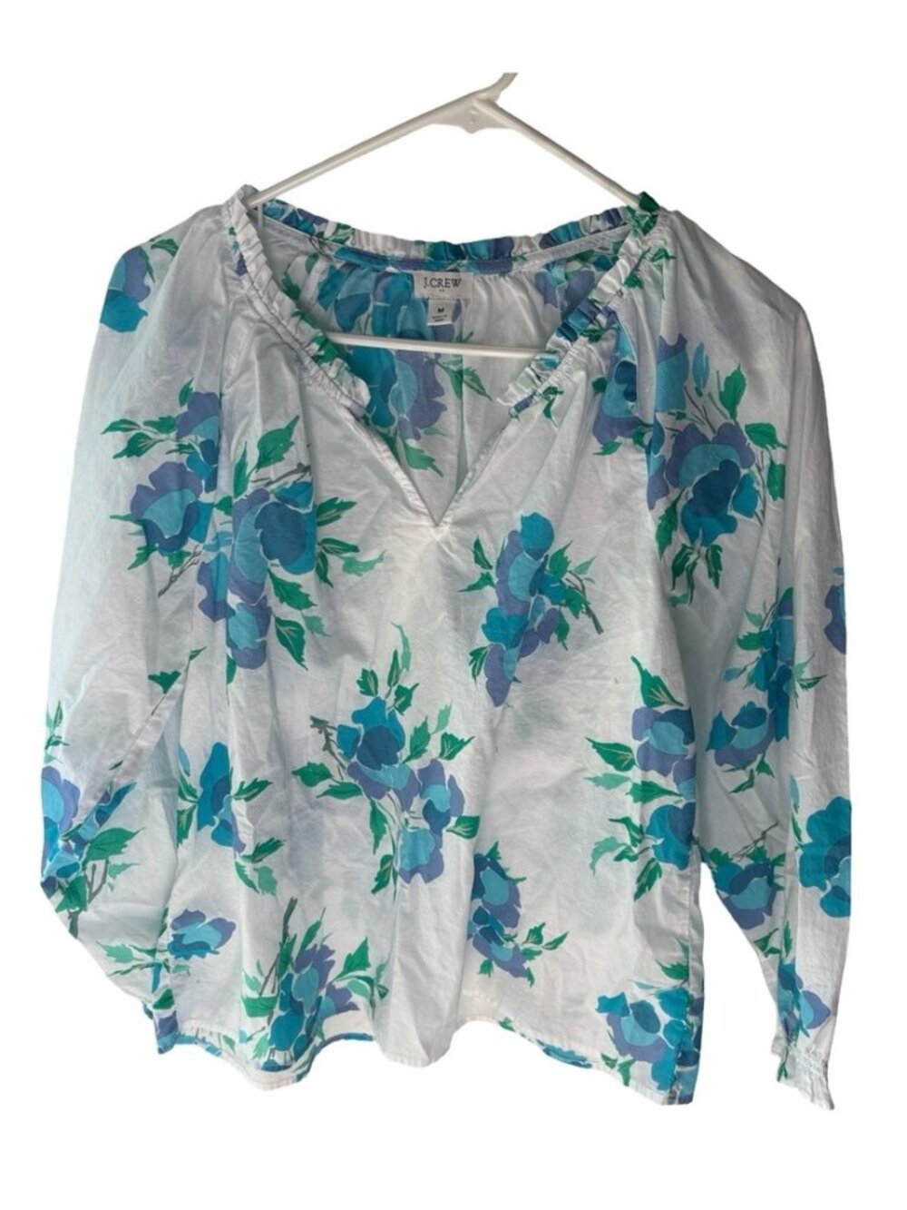 White Blue Green Flower Floral Lightweight Long Sleeve Blouse